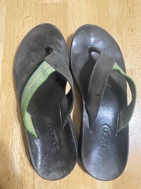 Women's Brown Leather Flip Flops with Green Straps Chaco